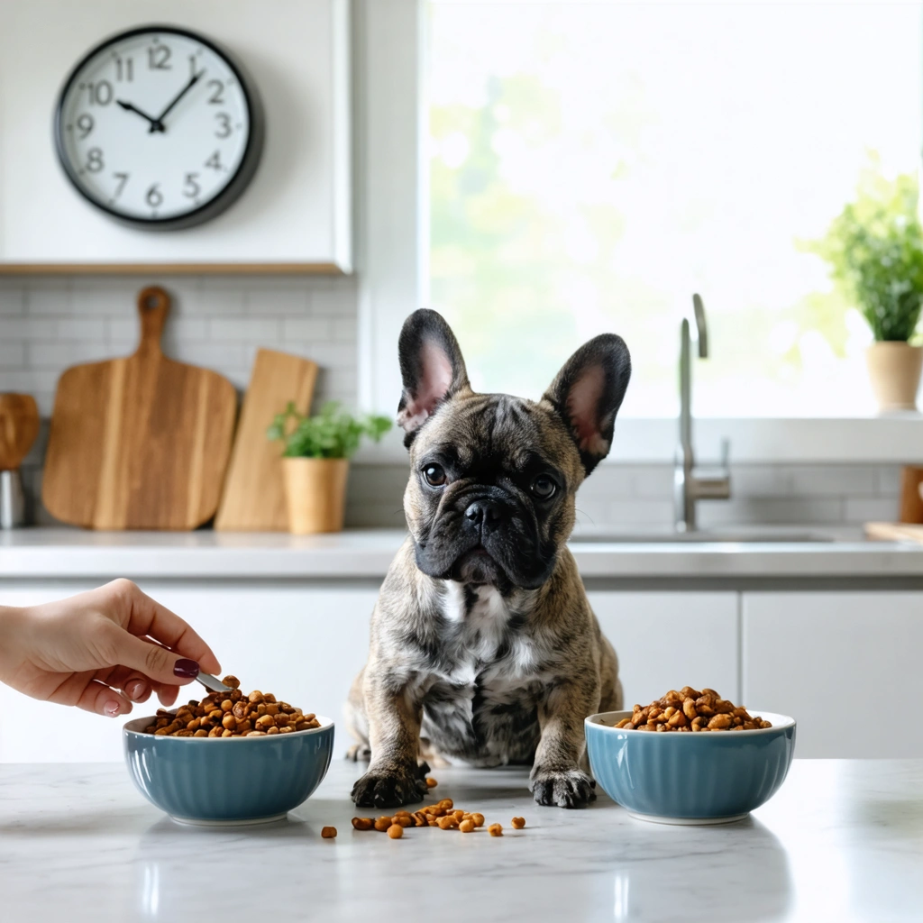 Petit chien adulte devant deux gamelles remplies, associé à un horaire de repas matin et soir dans une cuisine chaleureuse.