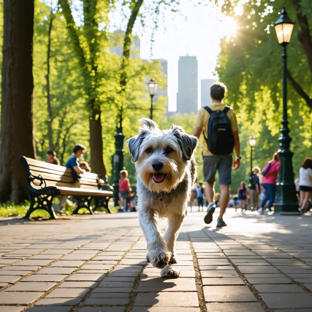 Un vieux chien se promène calmement avec son propriétaire dans un parc urbain paisible, entourés d'arbres, de bancs et de verdure.