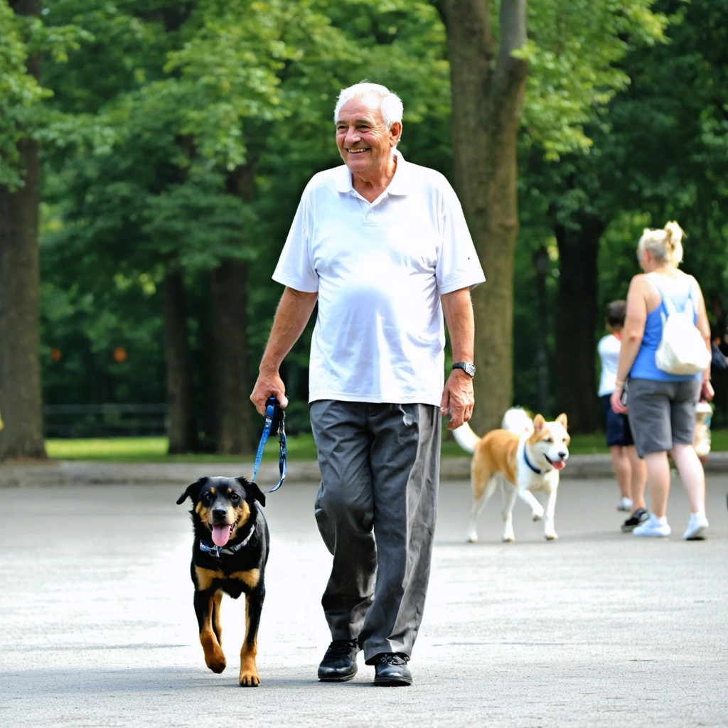 Un homme âgé promène calmement son chien dans un parc, tenant la laisse détendue, avec d'autres chiens visibles à distance dans un cadre verdoyant.
