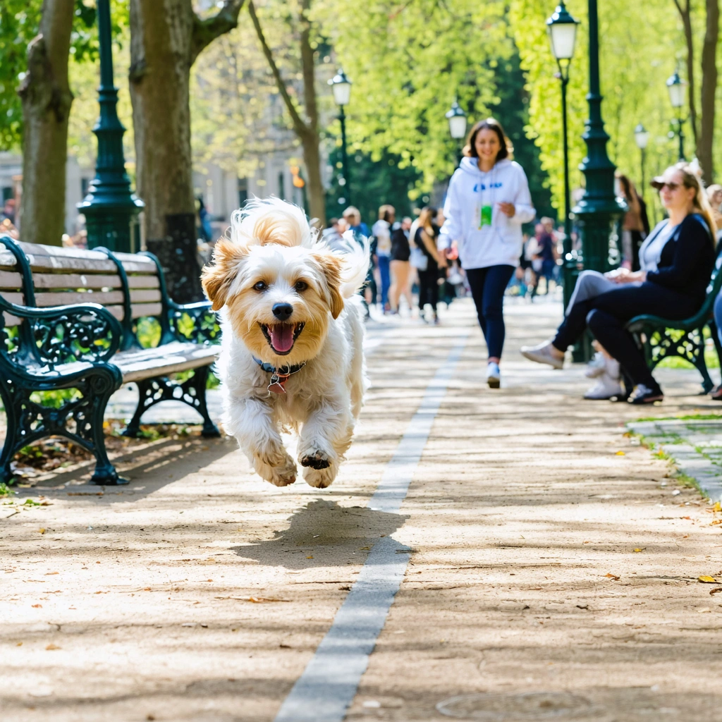 Un chien suit son maître en slalomant joyeusement entre les bancs, arbres et lampadaires dans un parc urbain animé, sous le regard curieux de quelques passants.