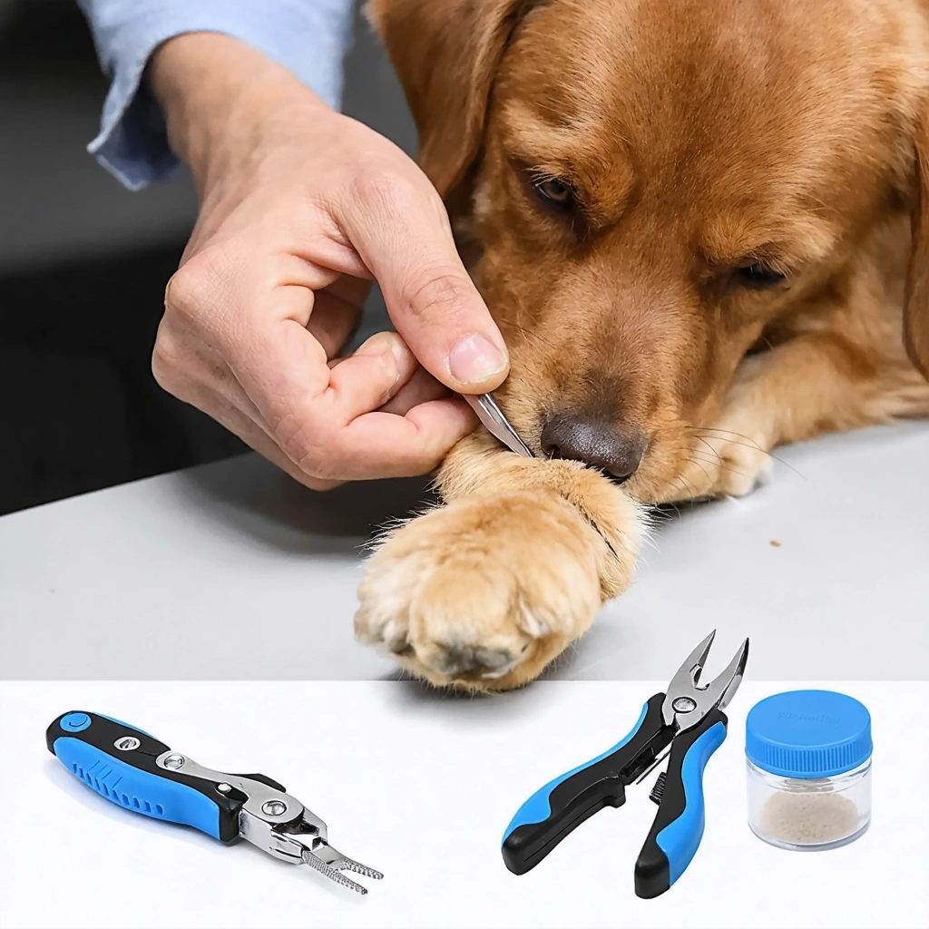Une personne tient délicatement la patte d’un chien et prépare à lui couper la griffe avec un coupe-griffes spécial chien, différents types de coupe-griffes posés à côté, et une lumière éclaire la scène.