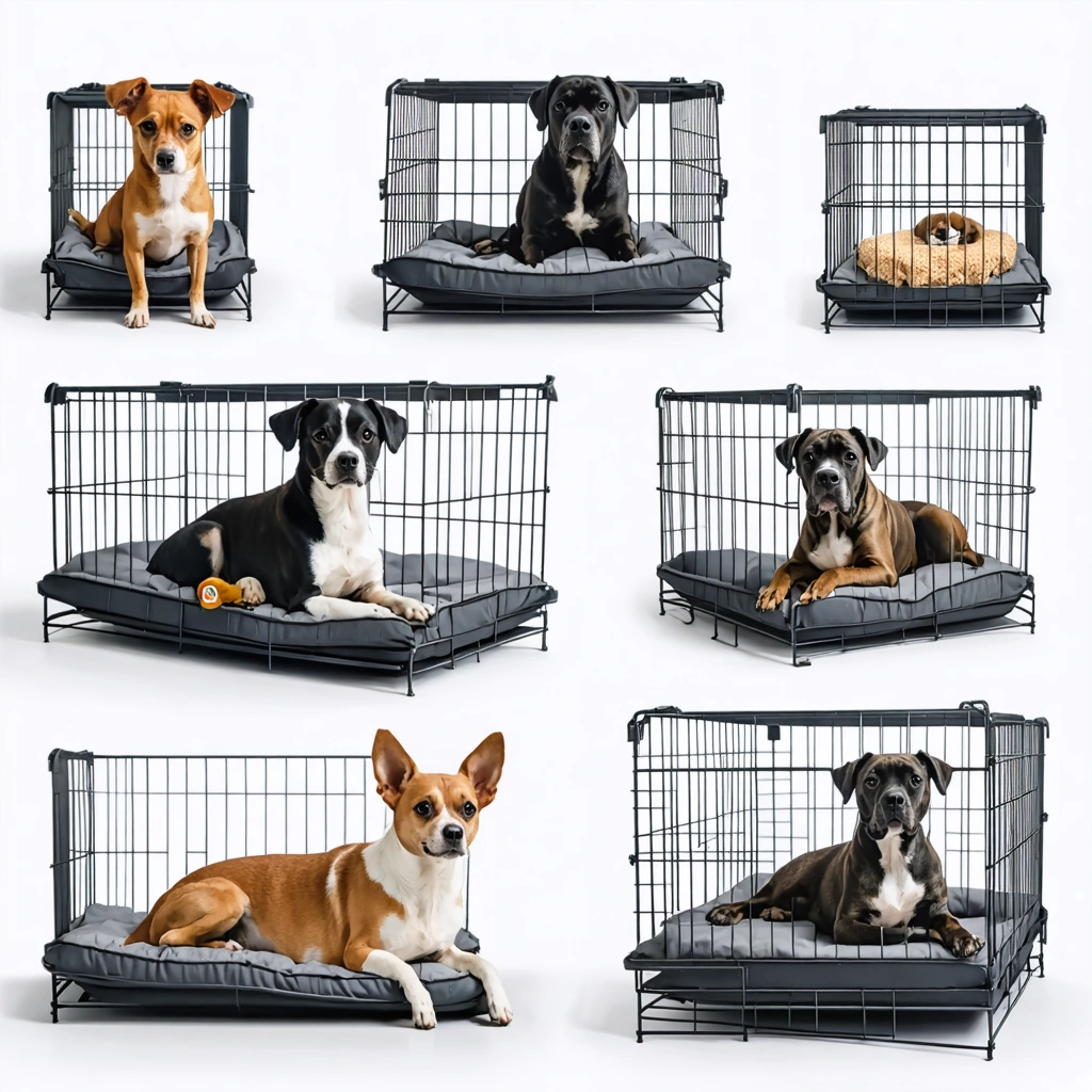 Différentes races de chiens installées confortablement dans des cages de transport adaptées à leur taille, montrant l'importance du bon choix de dimensions.