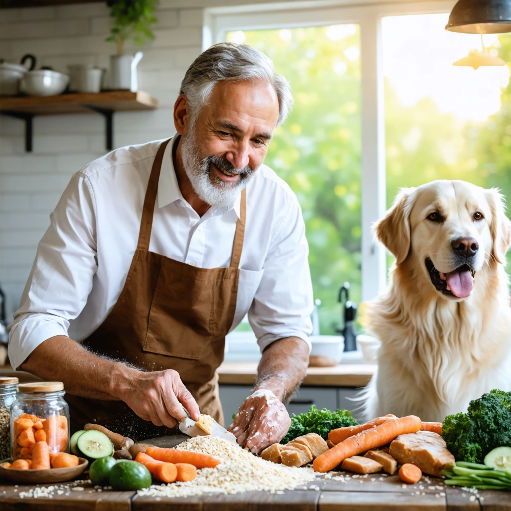 Un vétérinaire retraité prépare des biscuits naturels pour chien devant un chien heureux dans une cuisine chaleureuse.