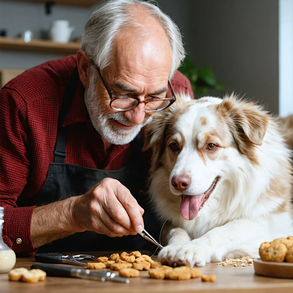 Un vétérinaire retraité coupe les griffes d'un chien détendu à la maison sur une table, dans une ambiance conviviale.