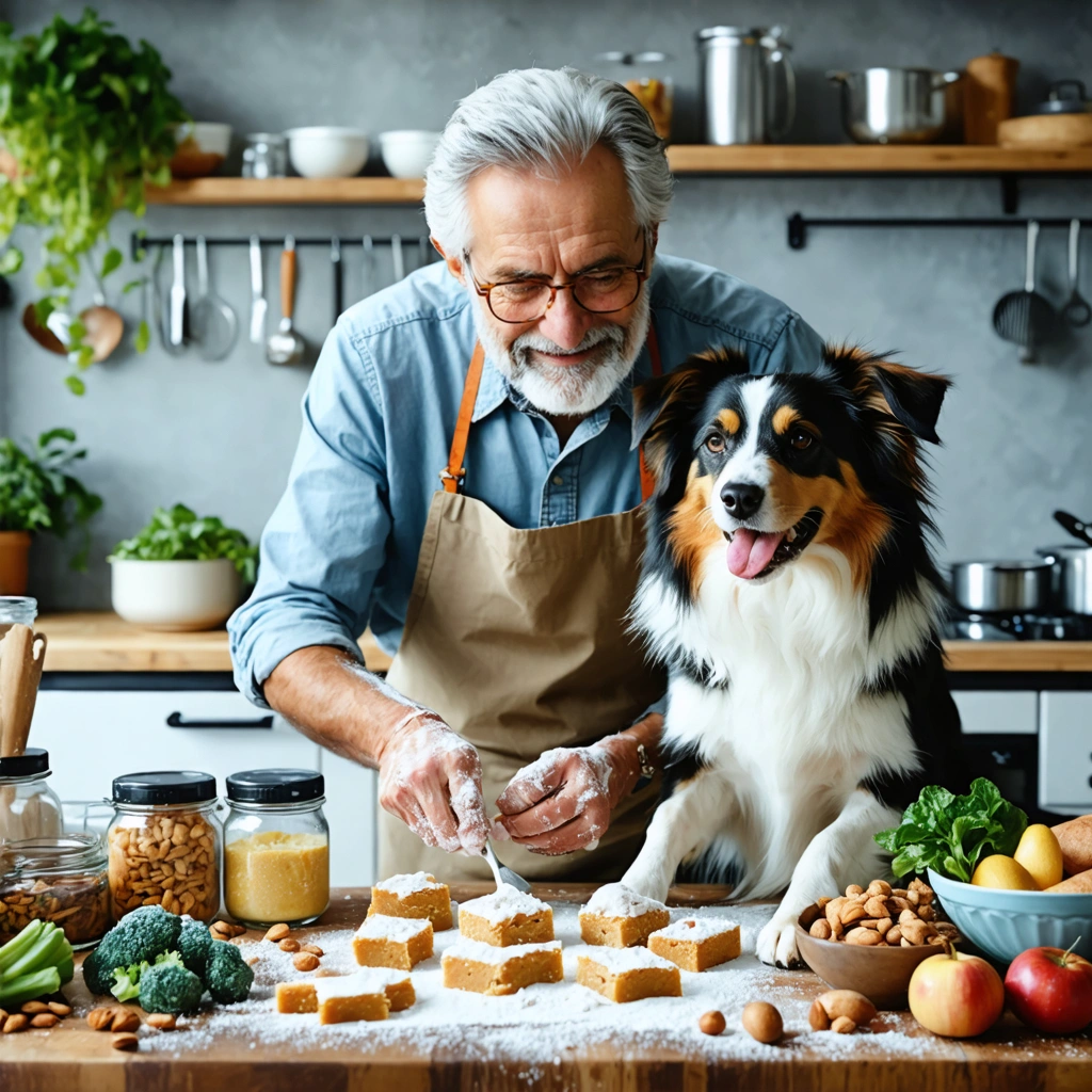 Un vétérinaire retraité prépare des friandises maison pour chien allergique dans une cuisine conviviale, entouré d'ingrédients frais et d'un chien joyeux