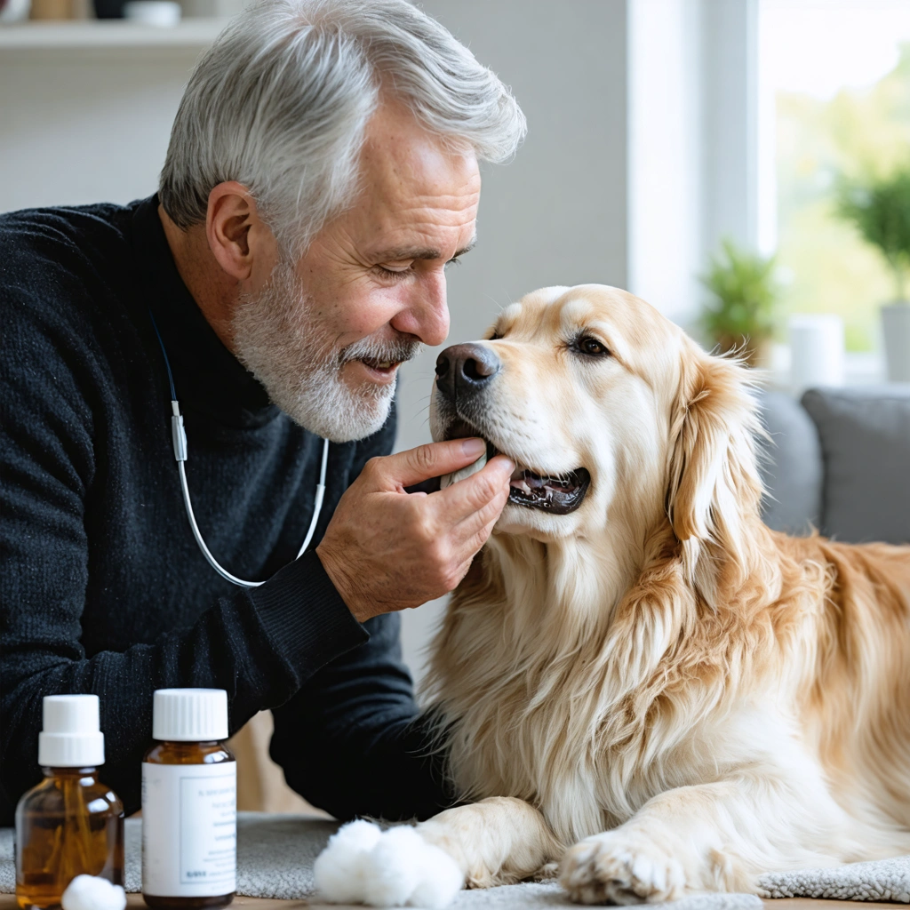 Un vétérinaire retraité nettoie doucement l'oreille d'un chien heureux avec une compresse, dans un salon chaleureux.