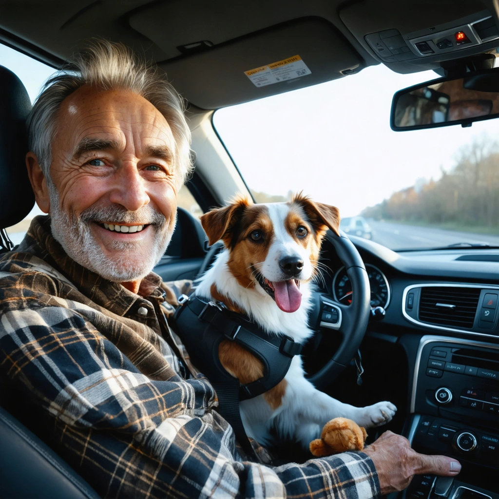 Un vétérinaire retraité souriant conduit une voiture avec un chien attaché en sécurité à l'arrière, sur une couverture, jouet et gamelle à ses côtés, sur une route en Europe.