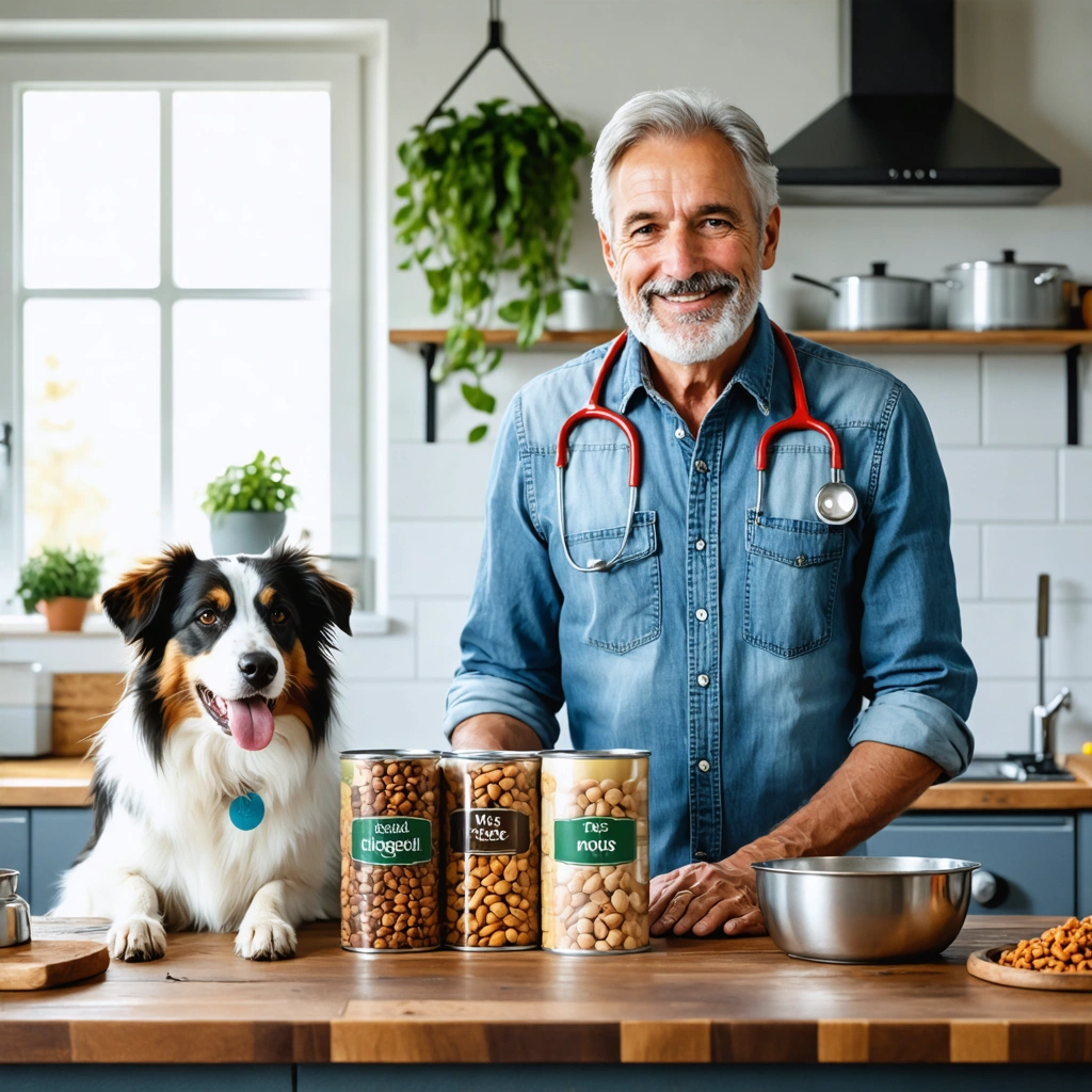 Un ancien vétérinaire compare des boîtes de nourriture humide pour chien dans une cuisine, à côté d'un chien attentif devant sa gamelle.