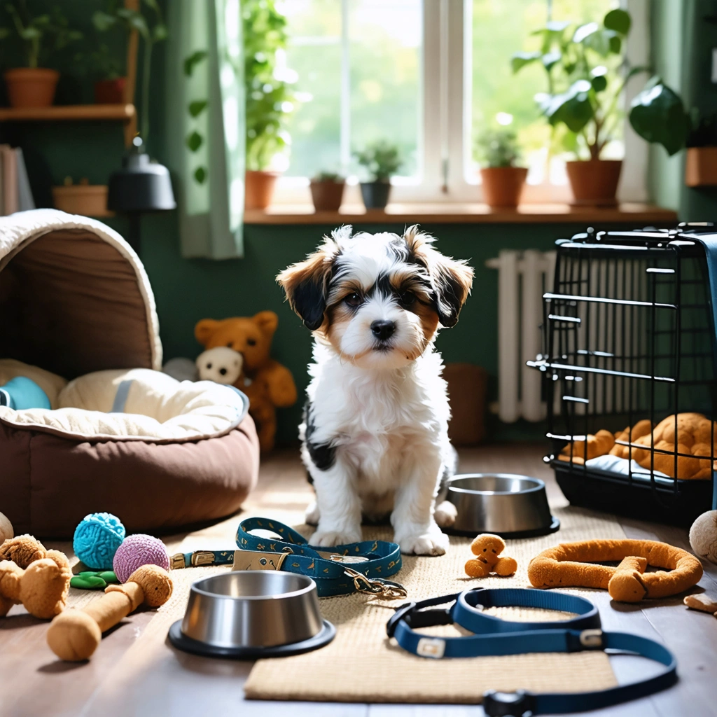 Un jeune chiot dans une maison confortable, entouré de ses accessoires essentiels comme un panier, des gamelles, une laisse, des jouets, un parc et une caisse de transport.