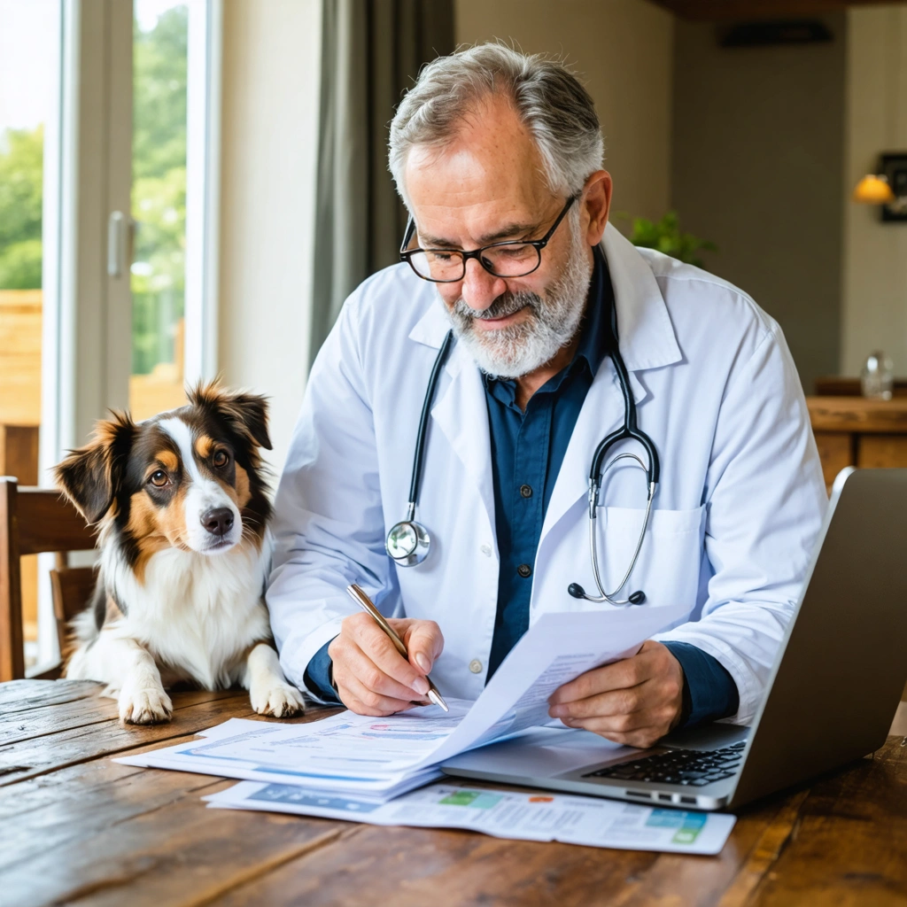 Un ancien veterinaire discute avec le proprietaire d un chien devant des documents d assurance et de sante canine dans un interieur chaleureux.