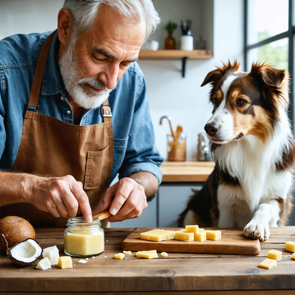 Un homme prépare un baume naturel pour les coussinets d’un chien dans un pot, tandis que le chien pose calmement près de la table.