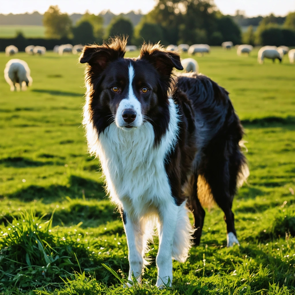 Un border collie noir et blanc au regard très attentif se tient dans un champ verdoyant, avec des moutons flous en arrière-plan.