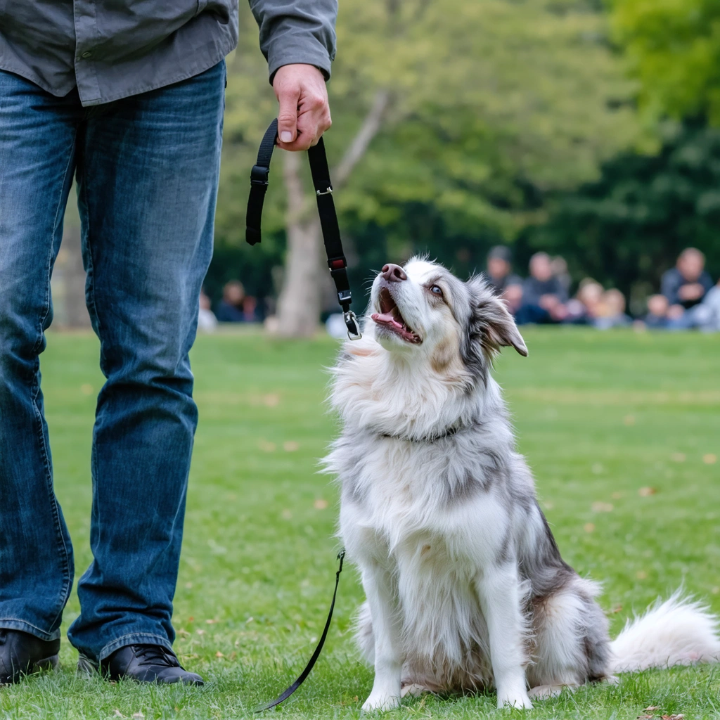 Un chien adulte craintif en laisse dans un parc calme, observant son environnement pendant qu'un homme le rassure avec une posture douce et détendue.