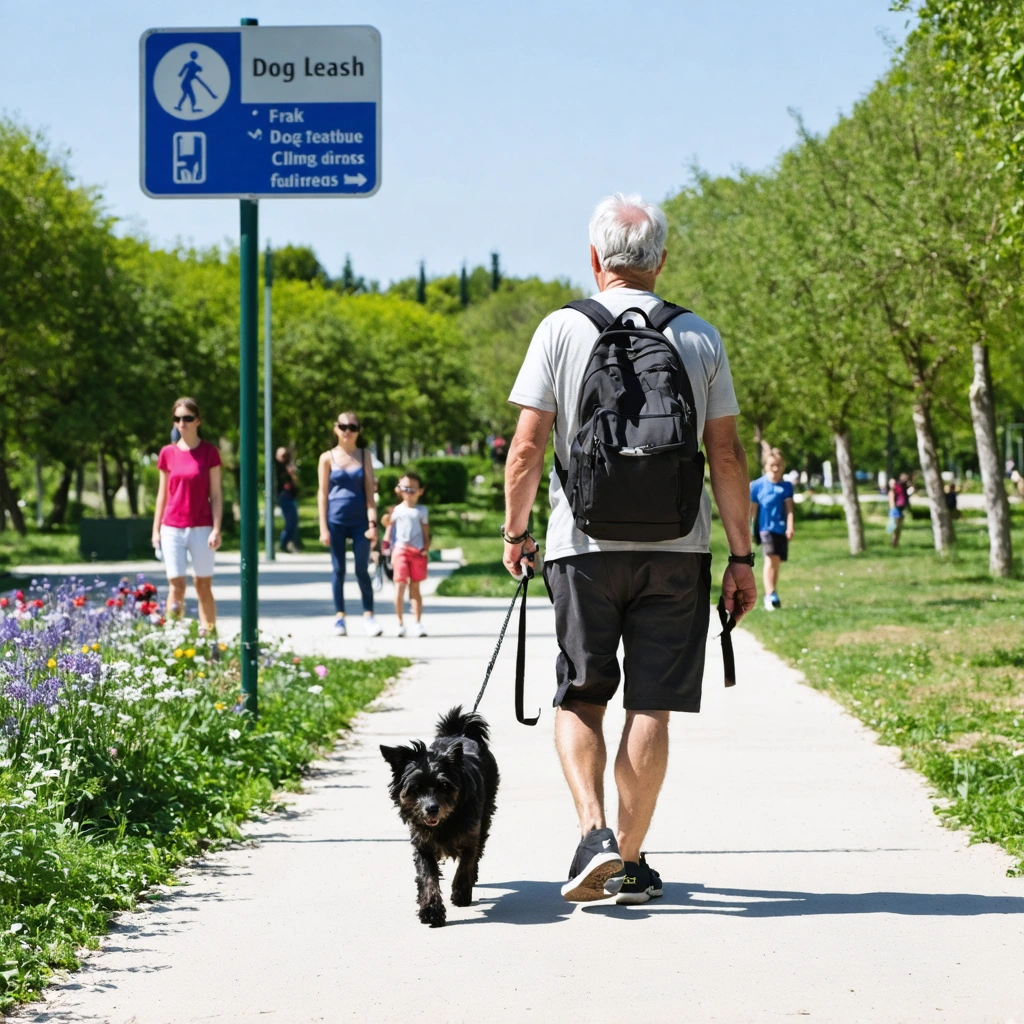 Un homme promene son chien en laisse dans un parc public avec un panneau rappelant les regles de promenade et d'autres usagers en arriere-plan.