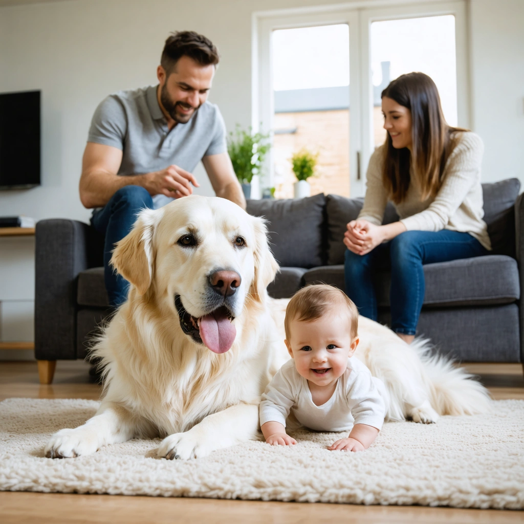 Un jeune enfant joue sur un tapis dans le salon près d’un chien doux de type golden retriever, tandis que ses parents le surveillent avec un air rassuré.