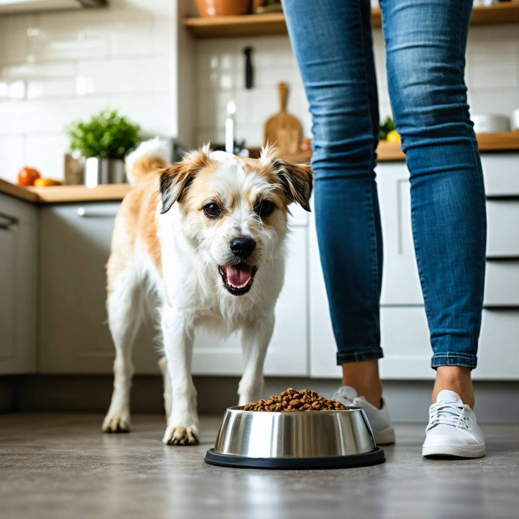 Un chien près de sa gamelle dans une cuisine, le corps tendu, tandis qu’une personne garde ses distances avec calme.