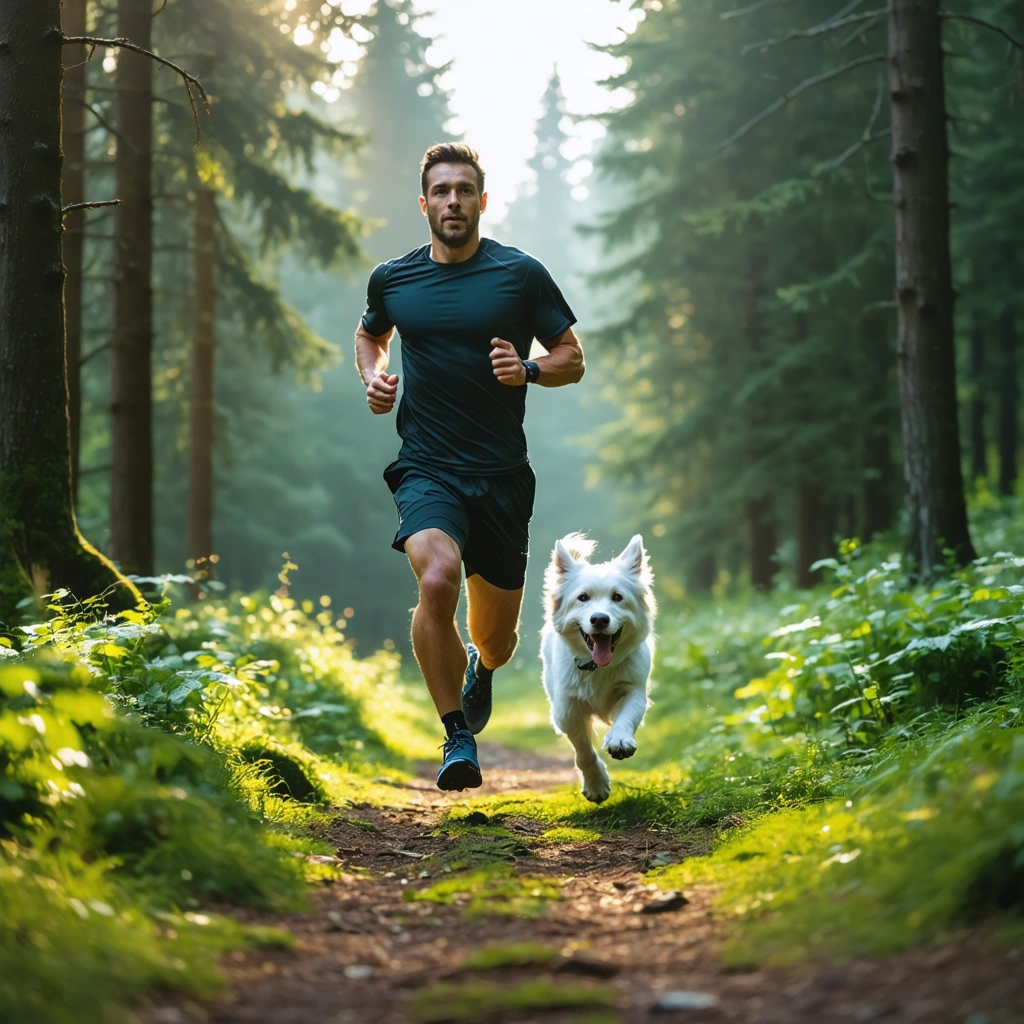 Un homme court sur un sentier en foret avec un chien sportif qui suit son allure avec energie.