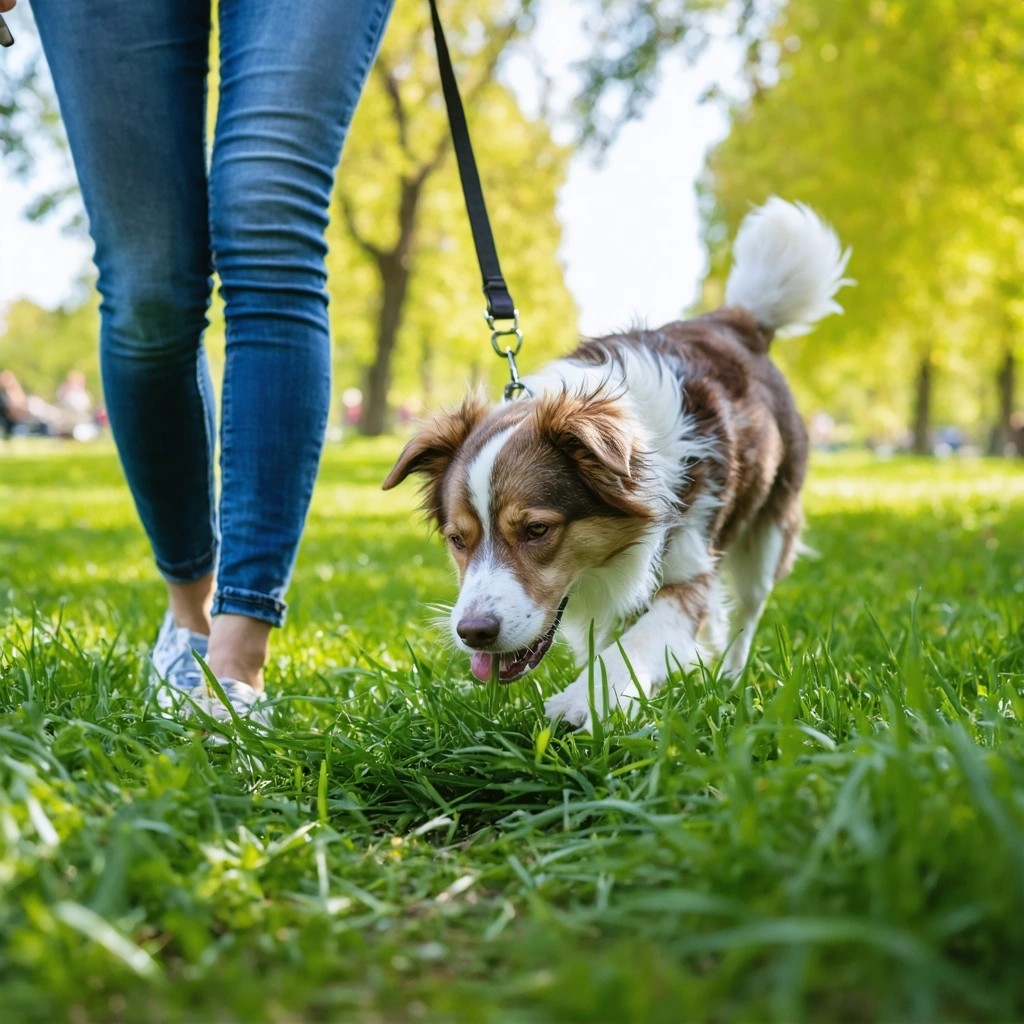 Un chien en promenade dans un parc mange de l'herbe fraîche pendant que son humain l'observe avec attention.