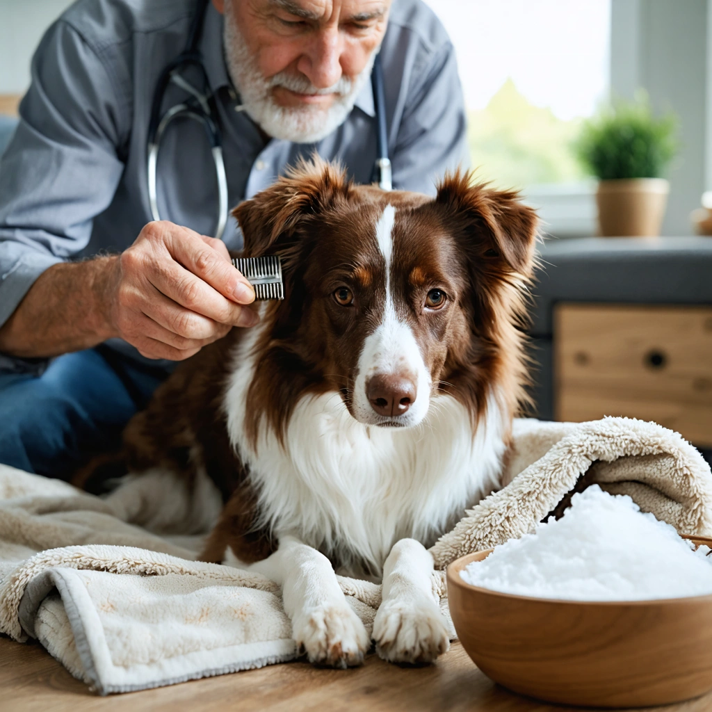 Un chien calme reçoit des soins anti-puces naturels pendant qu’un homme âgé examine son pelage avec un peigne dans un salon lumineux.