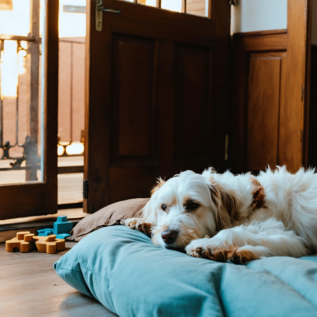 Un chien calme allongé dans son panier près de la porte d’entrée, dans un intérieur chaleureux, pendant que son proprietaire se prepare a sortir sans stress.