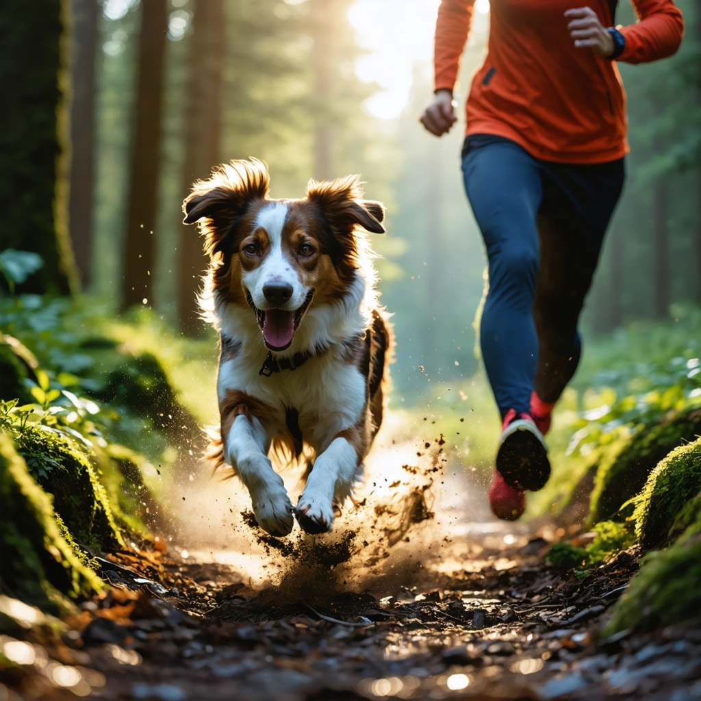 Un chien très actif fait du sport en extérieur avec son humain sur un sentier, dans une ambiance dynamique et réaliste.