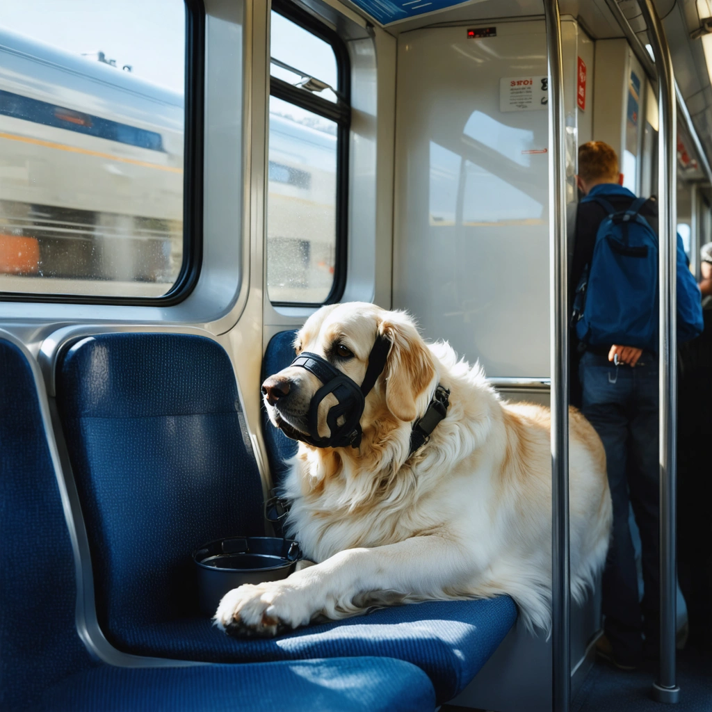 Un gros chien calme allongé aux pieds de son proprietaire dans un train en France, equipe d'une laisse et d'une museliere, pendant un voyage serein.