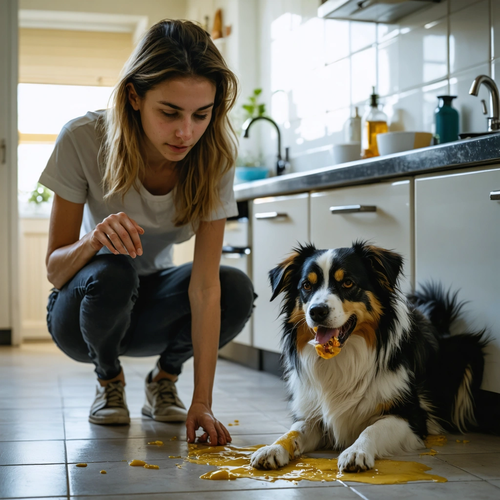 Un chien dans une cuisine au petit matin après avoir vomi de la bile jaune, pendant que son proprietaire inquiet l observe