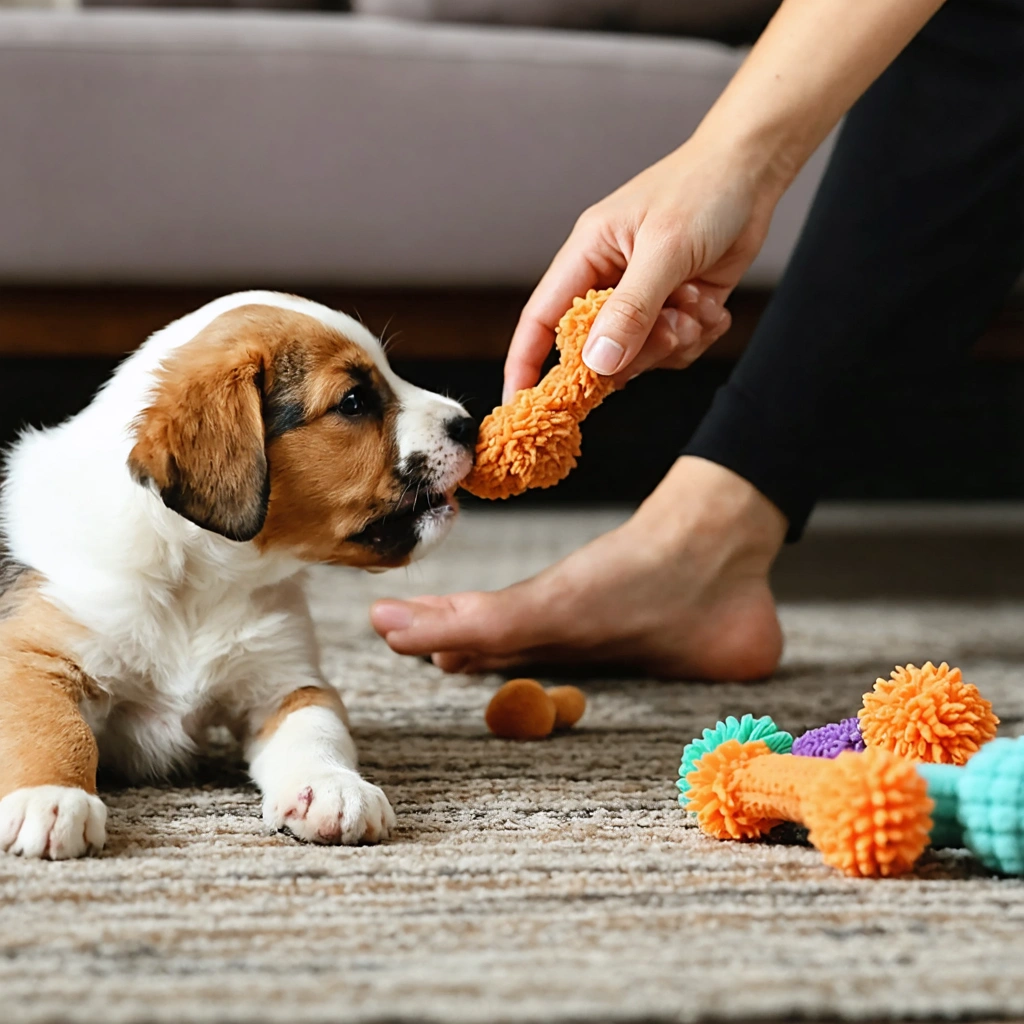Un chiot dans un salon mordille doucement une main tandis qu’une personne lui tend un jouet à mâcher pour le rediriger