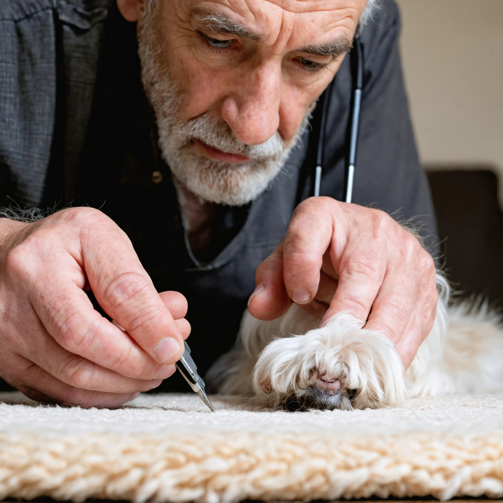 Un homme coupe doucement les griffes d’un chien légèrement inquiet posé sur un tapis antidérapant dans un salon calme.
