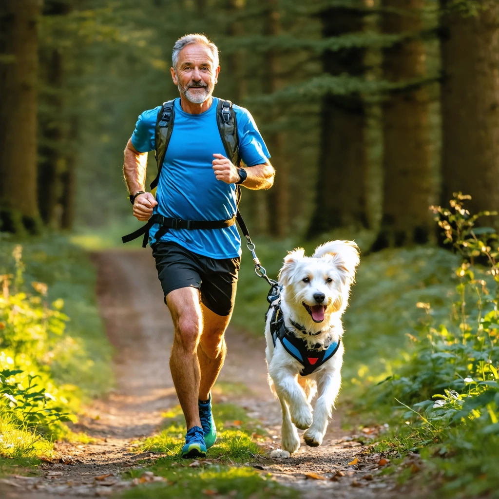 Un homme court avec son chien sur un sentier forestier lors d une initiation au canicross, avec harnais de traction, longe amortie et ceinture adaptee.