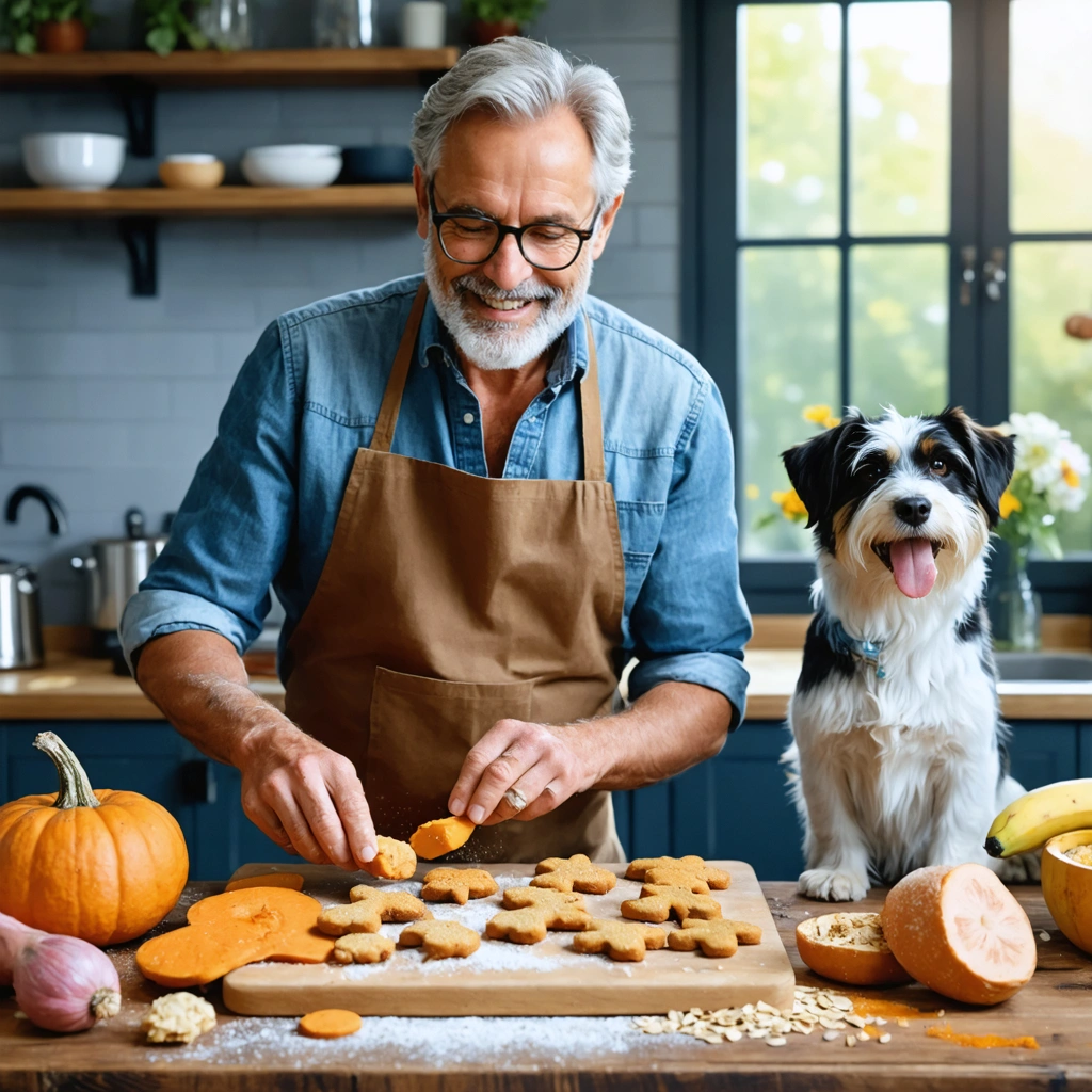 Un homme retraité prépare des friandises maison pour chien dans une cuisine lumineuse pendant qu’un chien attend sagement près du plan de travail.