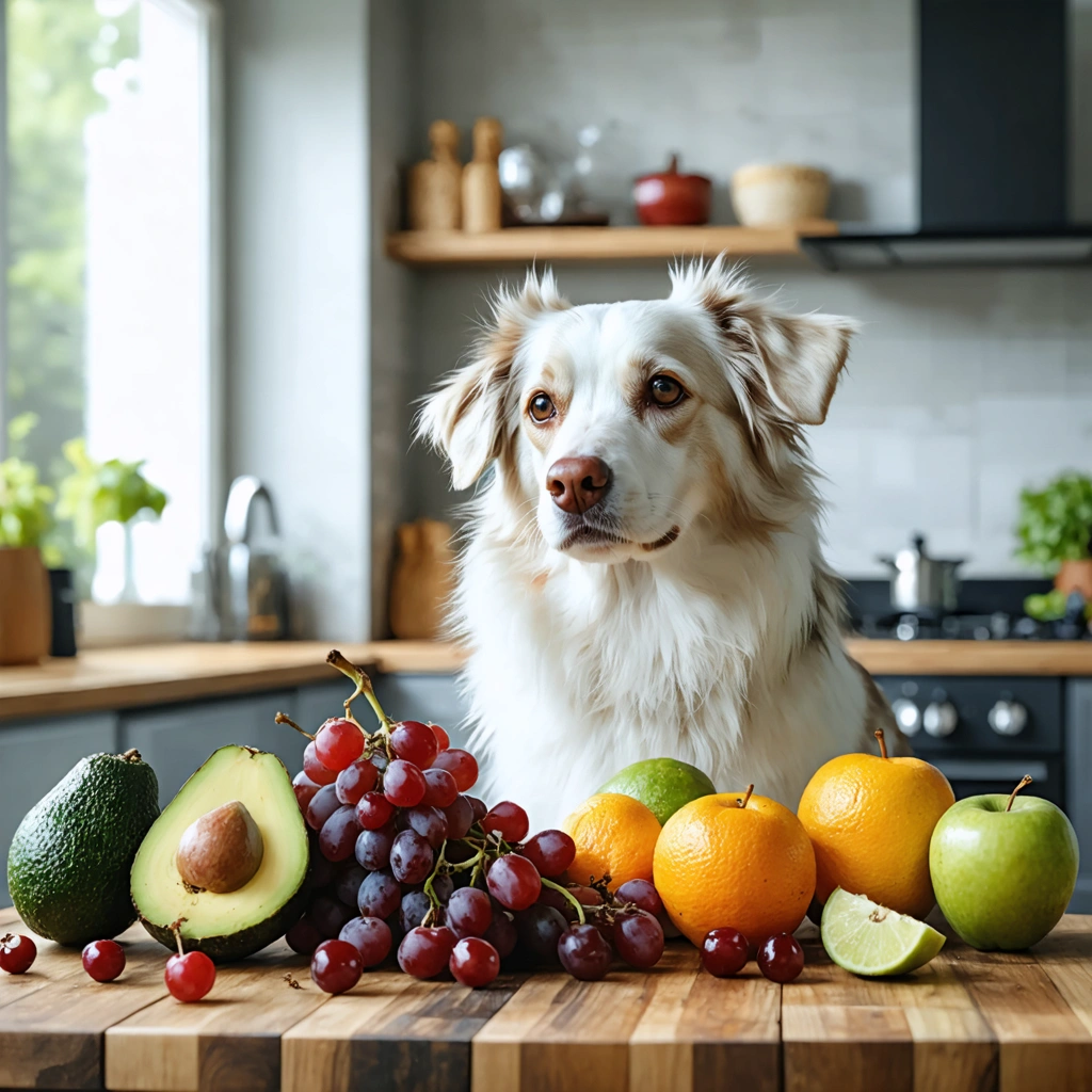 Un chien dans une cuisine regarde des fruits posés sur une table pendant qu’une personne éloigne une grappe de raisin pour éviter un danger.