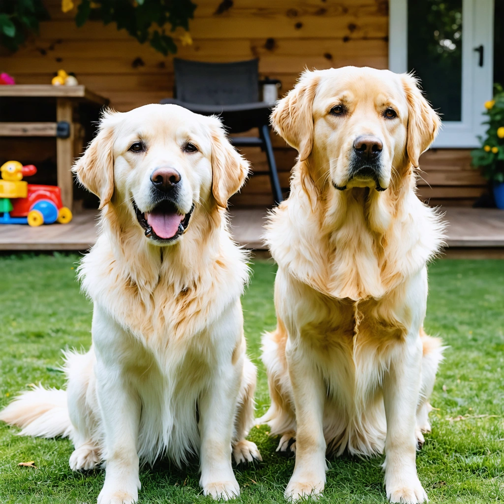 Un golden retriever et un labrador assis côte à côte dans un jardin familial, montrant leurs différences de pelage et de silhouette.