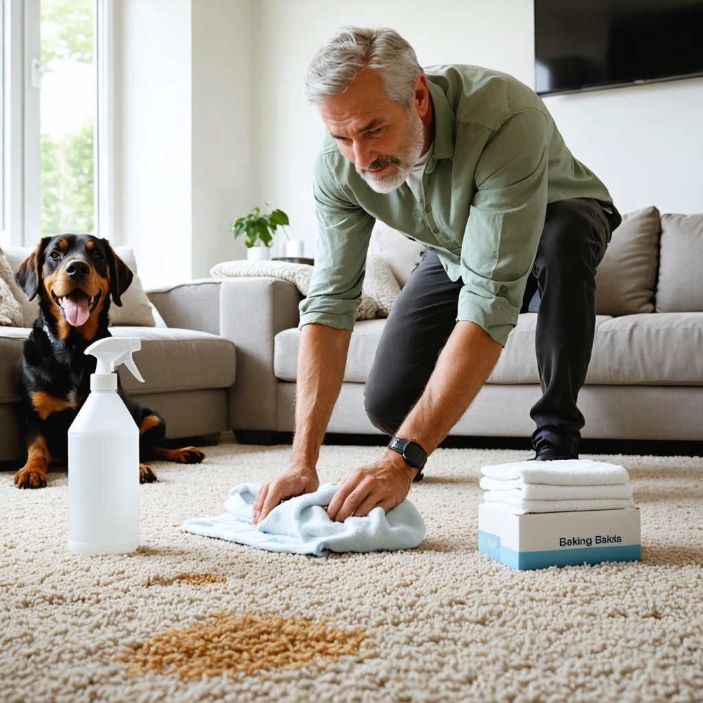 Un homme nettoie une tache d’urine de chien sur un tapis dans un salon, avec un chien à proximité et des produits ménagers simples comme du vinaigre blanc et du bicarbonate.