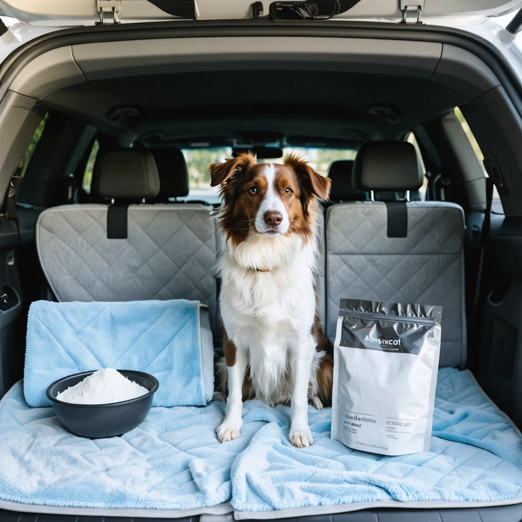 Intérieur de voiture propre et aéré avec un chien assis sur une housse lavable, une serviette et des solutions naturelles contre les odeurs visibles