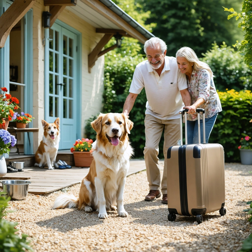 Un chien accueilli sereinement dans une pension canine confortable pendant les vacances, avec des propriétaires rassures et un cadre propre et verdoyant.