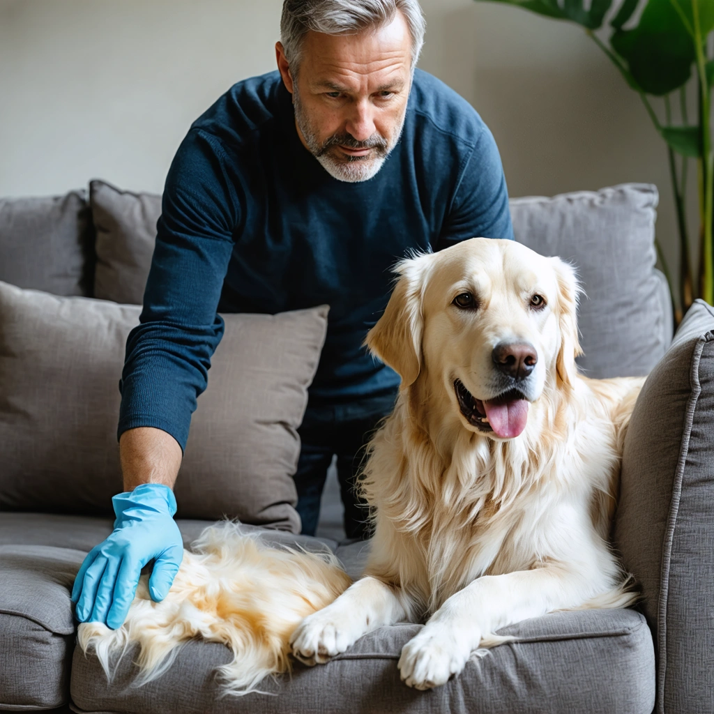 Un homme retire des poils de chien sur un canapé en tissu avec un gant en caoutchouc, pendant qu’un chien le regarde dans un salon lumineux.