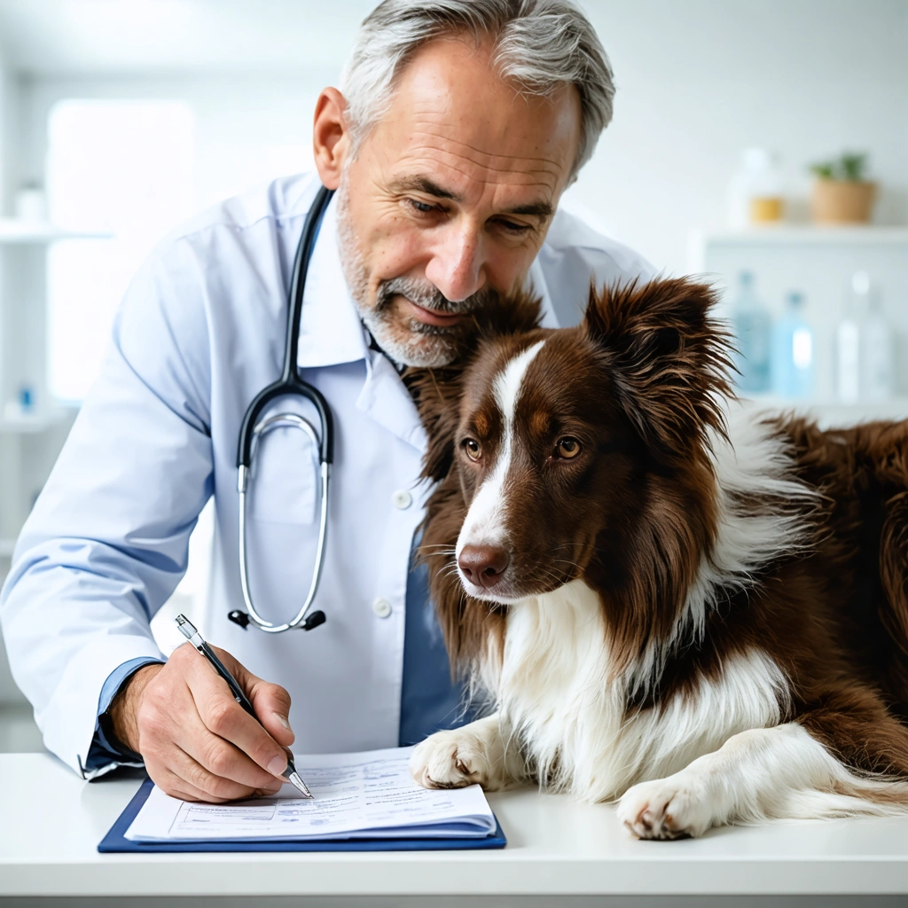 Un veterinaire examine calmement un chien sur une table de consultation pendant que son proprietaire regarde le carnet de vaccination.