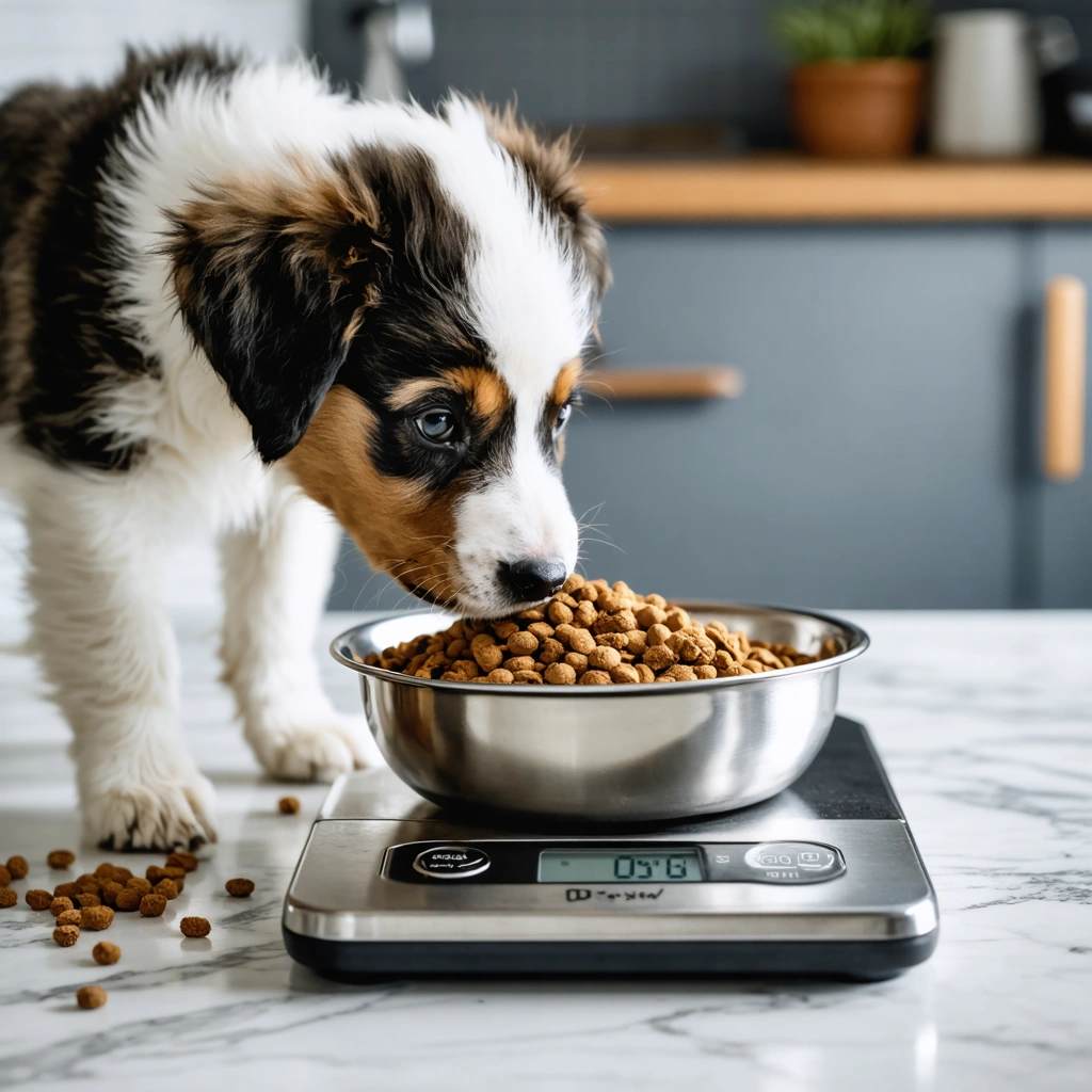 Un chiot devant une gamelle de croquettes posée à côté d'une balance de cuisine pour mesurer la bonne ration quotidienne
