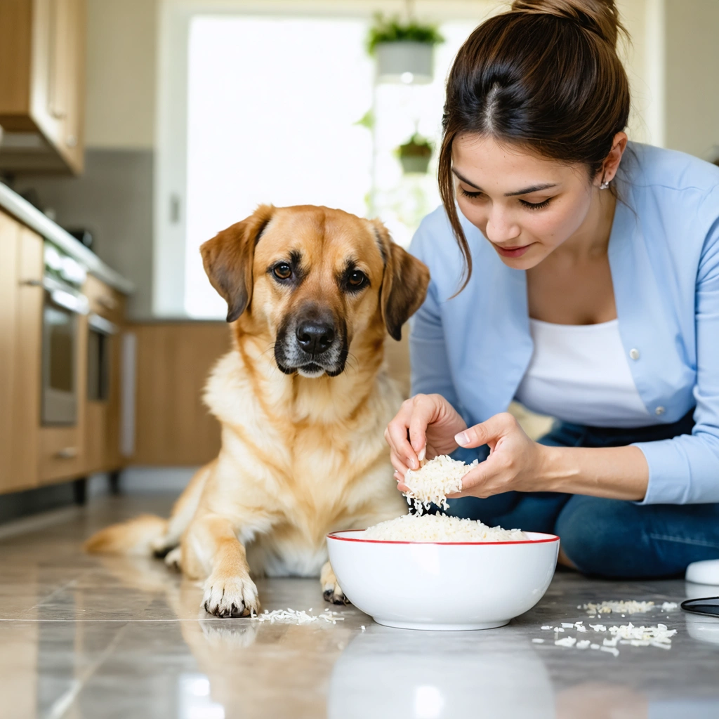 Un chien d'apparence fatiguée assis près d'une gamelle de riz blanc cuit dans une cuisine, avec un bol d'eau à côté, pendant que son humain le surveille avec attention.