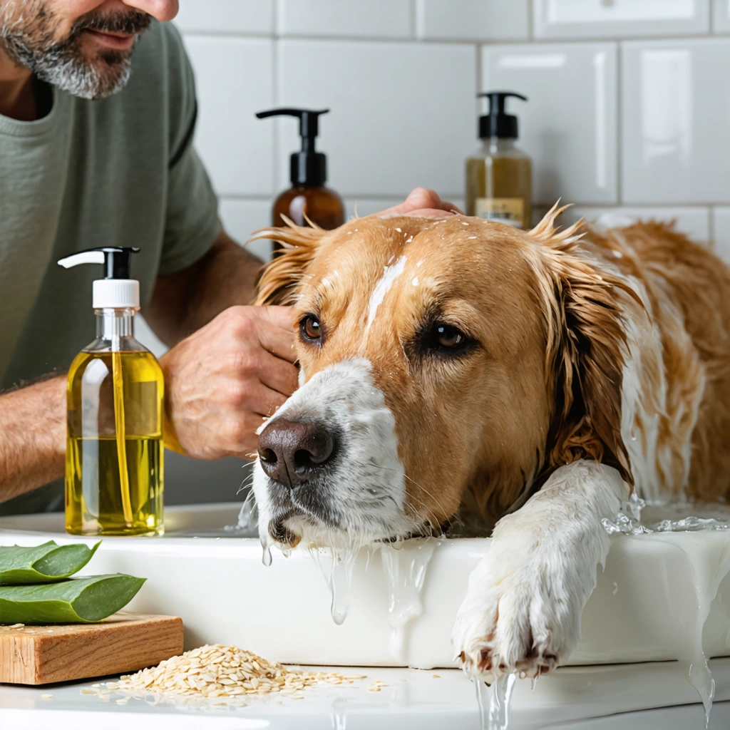 Un chien à la peau sensible est lavé doucement à la maison avec des ingredients naturels poses a cote, dans une ambiance calme et rassurante.