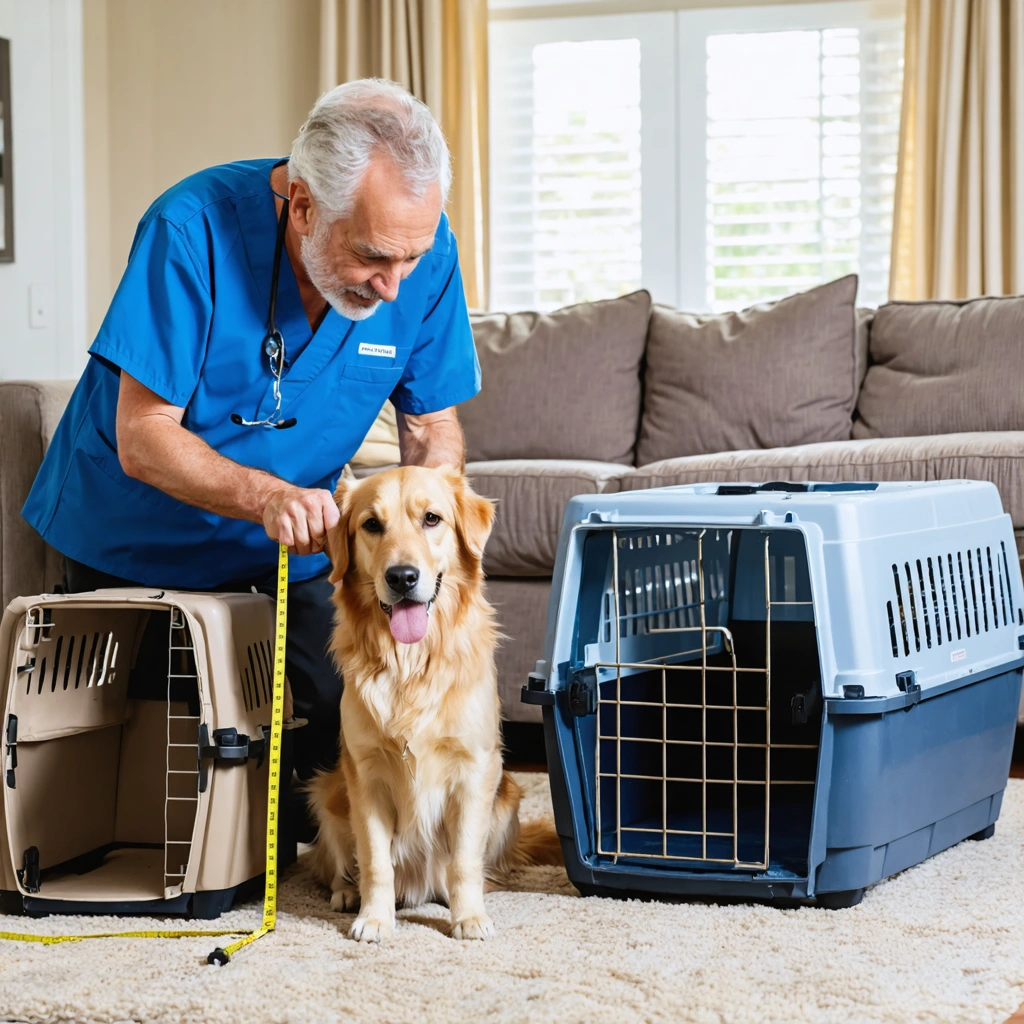 Un homme mesure son chien devant plusieurs cages de transport de tailles differentes pour choisir le modele le plus adapte