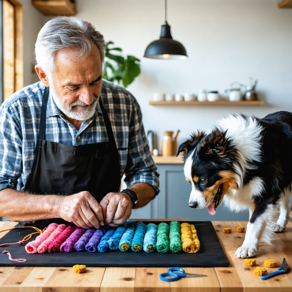 Un homme fabrique un tapis de fouille maison en bandes de tissu polaire pendant qu'un chien le renifle avec curiosite dans un salon lumineux.