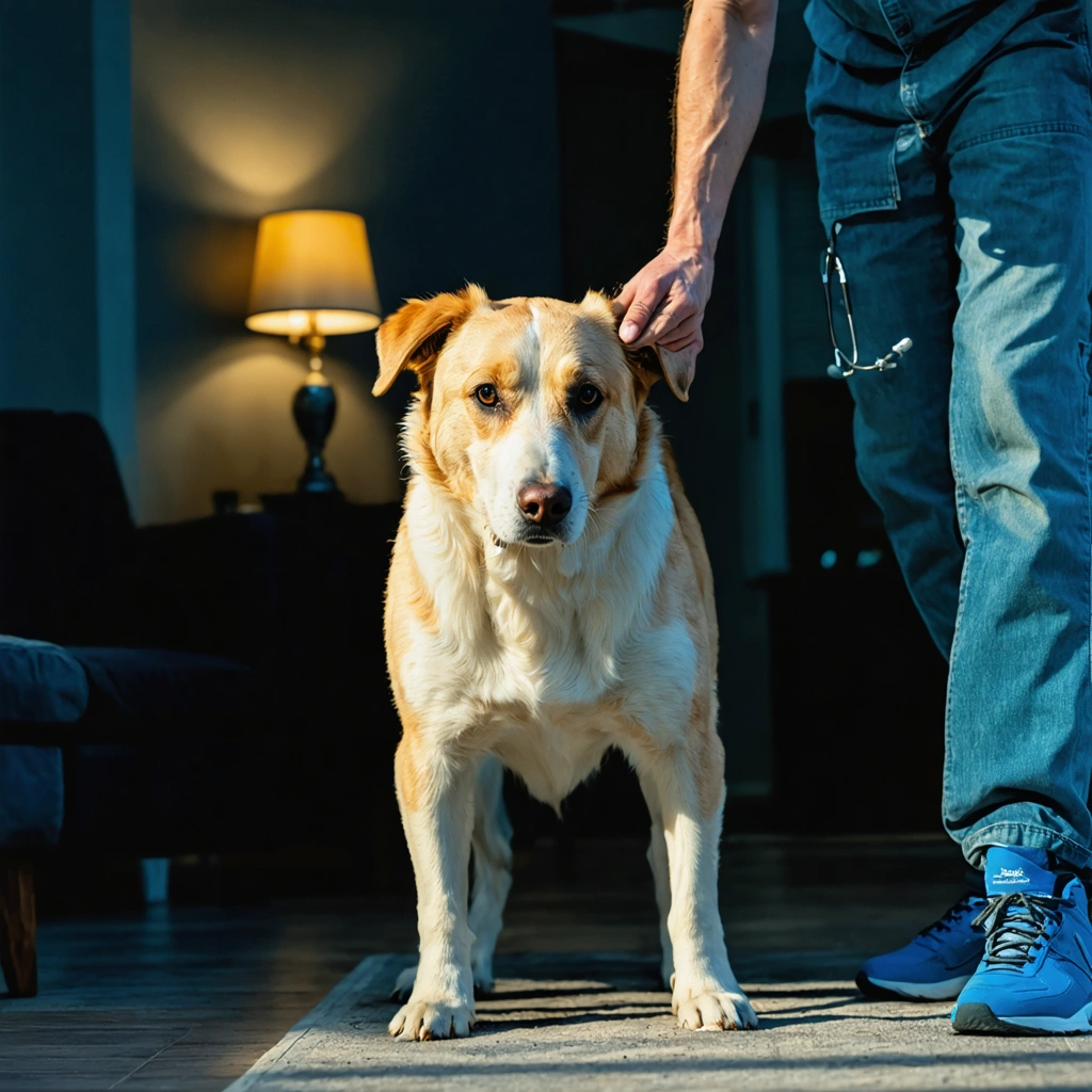 Grand chien au ventre gonfle, agite et mal a l'aise dans un salon, avec son proprietaire inquiet pret a l'emmener en urgence chez le veterinaire