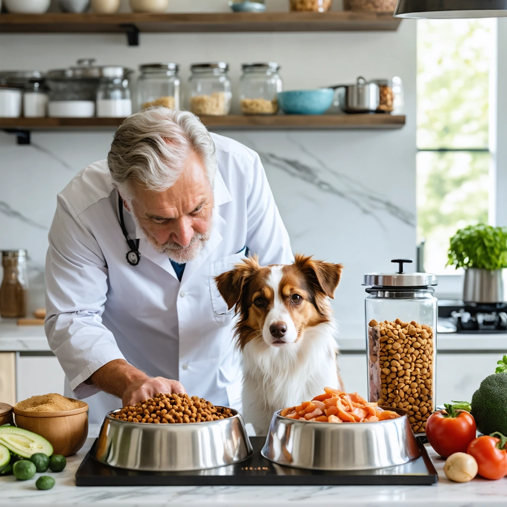 Un homme prepare dans une cuisine une transition alimentaire entre croquettes et BARF pour son chien assis devant deux gamelles