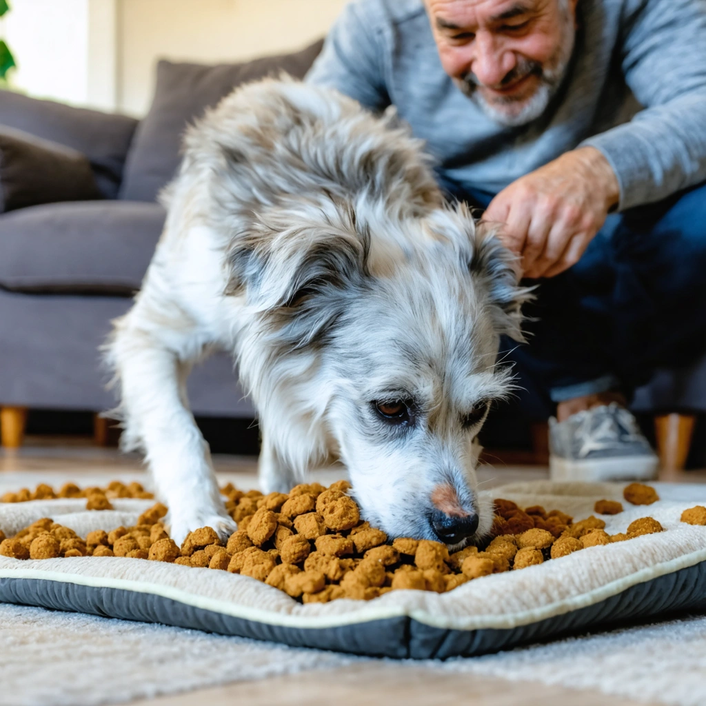 Un vieux chien au museau grisonnant cherche des friandises dans un tapis de fouille dans un salon, sous le regard bienveillant de son humain.